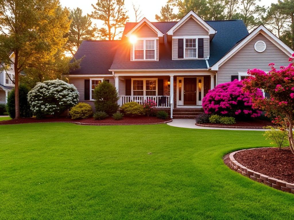 Manicured front lawn with flower beds in Durham, NC