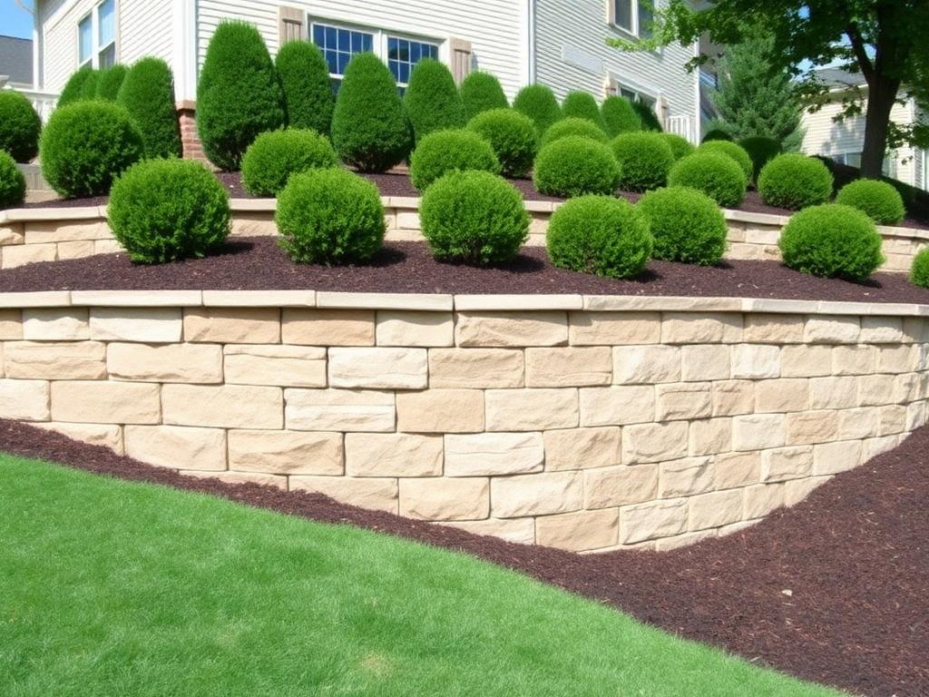 Stone retaining wall and landscaped slope