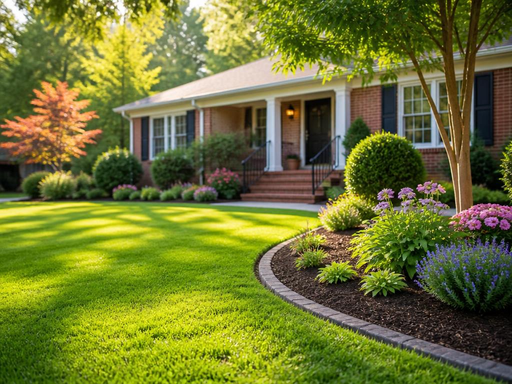 A well-maintained residential lawn and garden in Durham, North Carolina